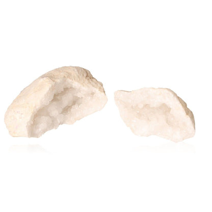 Milky quartz geode split to show sparkling white crystals, perfect for energy cleansing and promoting tranquility and focus.