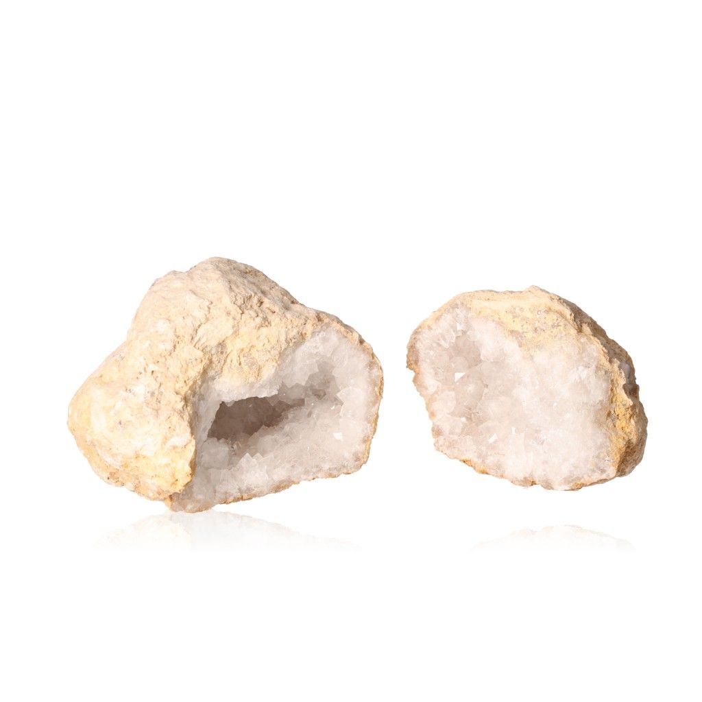 Rugged quartz geode with open halves revealing sparkling cloudy white crystals, ideal for energy cleansing and boosting focus.