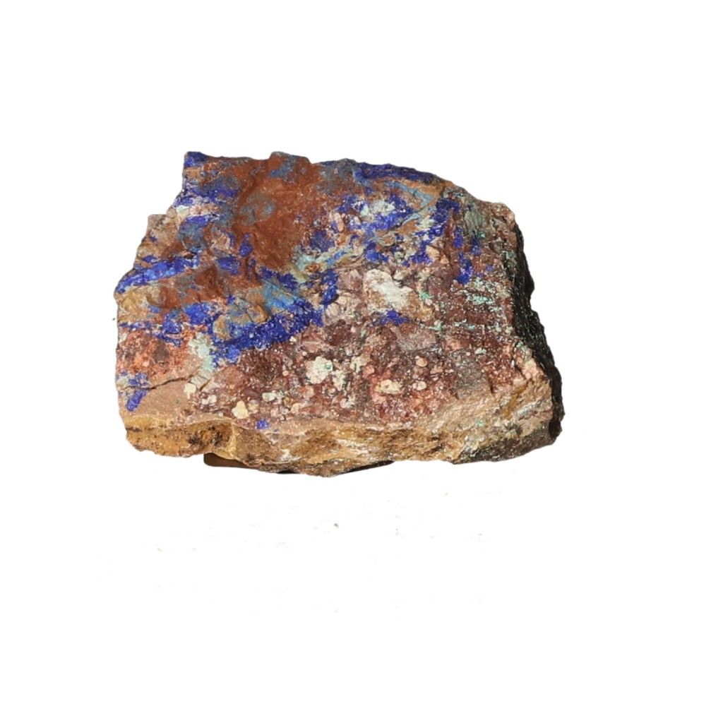 Azurite with Malachite mineral rock showcasing deep blue hues and unique patterns on a white background.