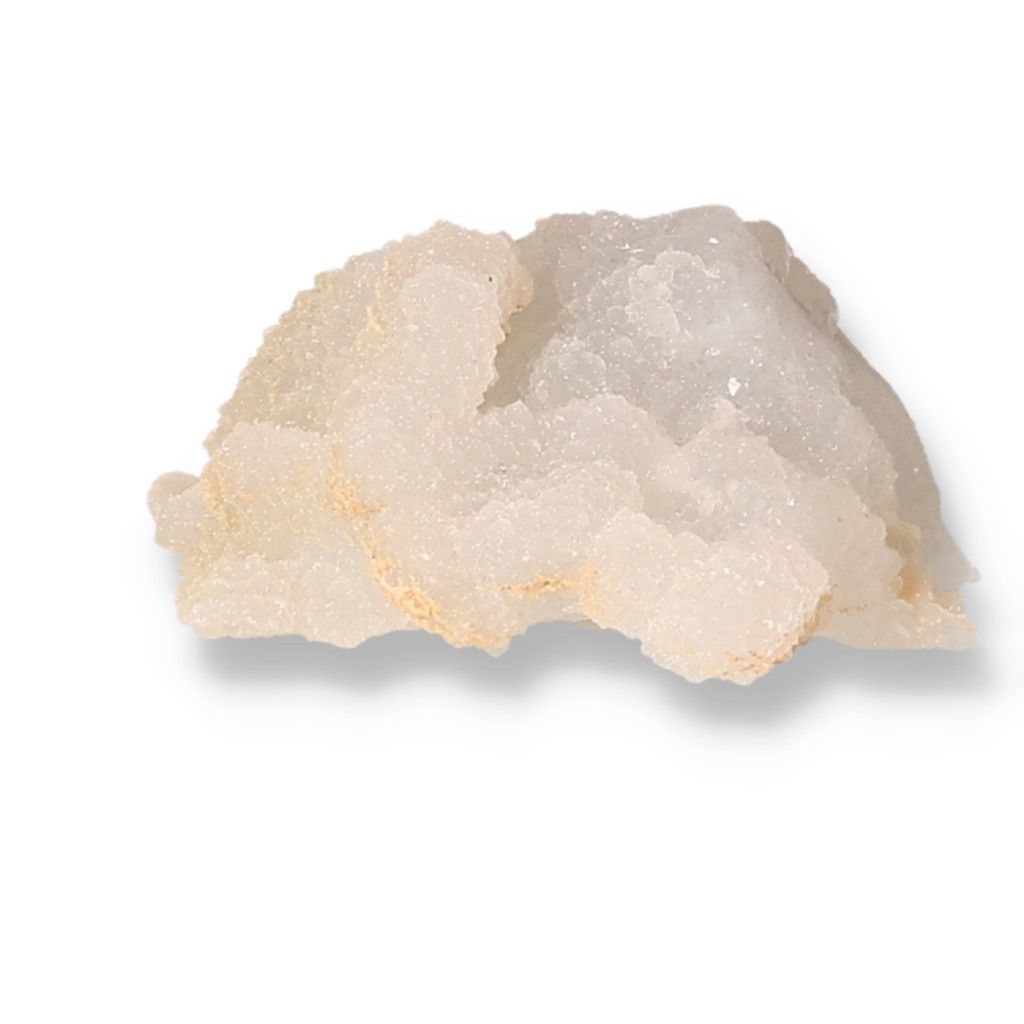 Raw white quartz crystal with unique textures and subtle hues, associated with chakra and zodiac energy healing properties.