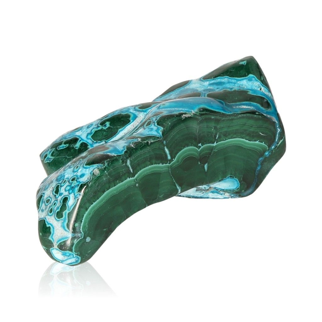 Blue Chrysocolla with Malachite gemstone showcasing calming and transformative properties for balance and spiritual harmony.