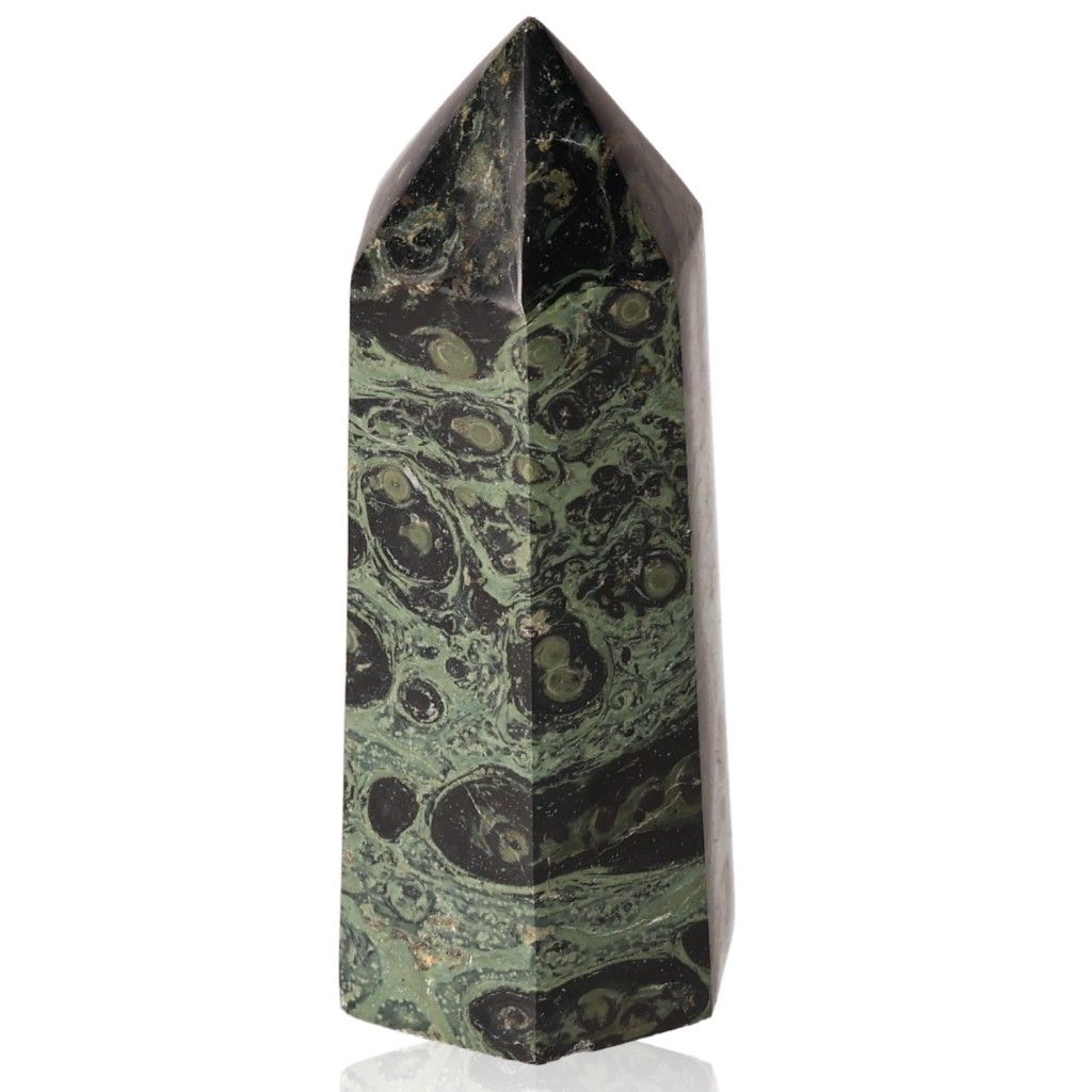 Kambaba Jasper Tower crystal showcasing green and black patterns, known for promoting peace and emotional stability.