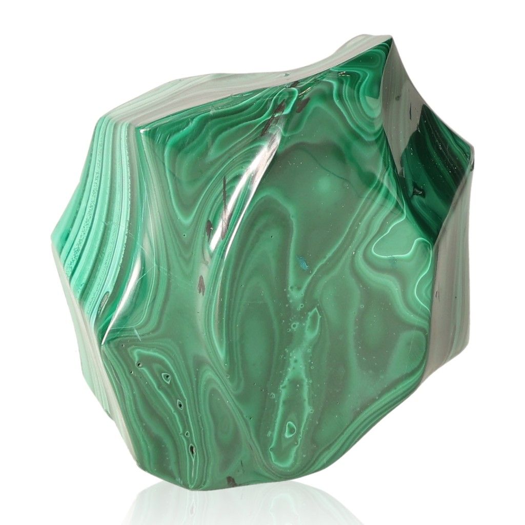 Polished green malachite gemstone with swirling patterns, symbolizing tranquility and promoting inner harmony.