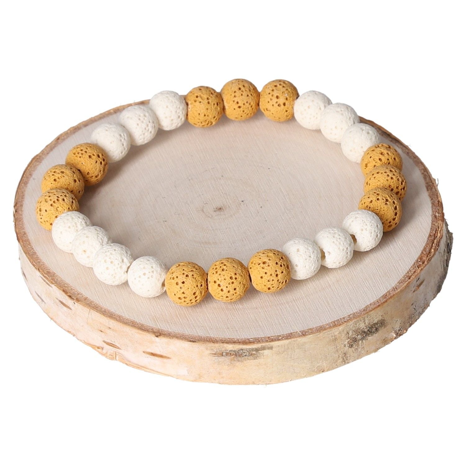 Natural lava stone bracelet with 8mm white and beige beads displayed on a wooden slice.