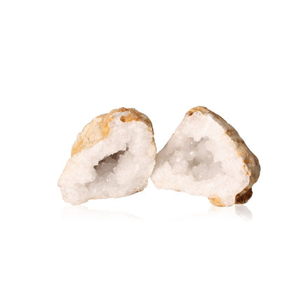 Milky quartz geode split open, revealing sparkling cloudy white crystals, ideal for energy cleansing and promoting tranquility.