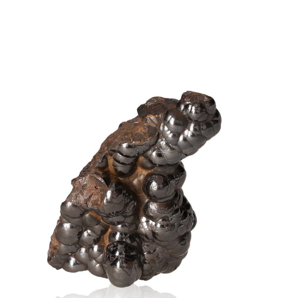 Polished botryoidal hematite crystal cluster for grounding and energy shielding, metallic and shimmering formation.