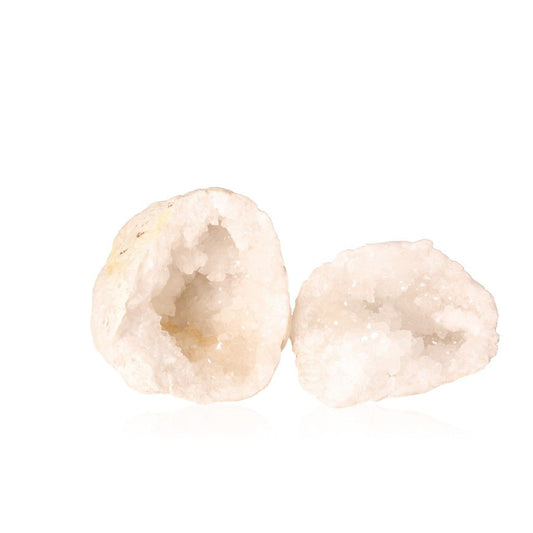 Milky quartz geode with sparkling white crystals, promoting tranquility and energy balance for enhanced focus and positive vibes.