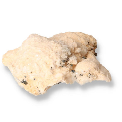 Creamy crystalline mineral rock with unique textures and slight metallic specks on a white background.