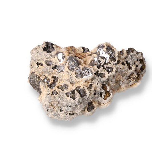 Galena with Calcite mineral specimen displaying silver-gray and white crystal formations against a light background.