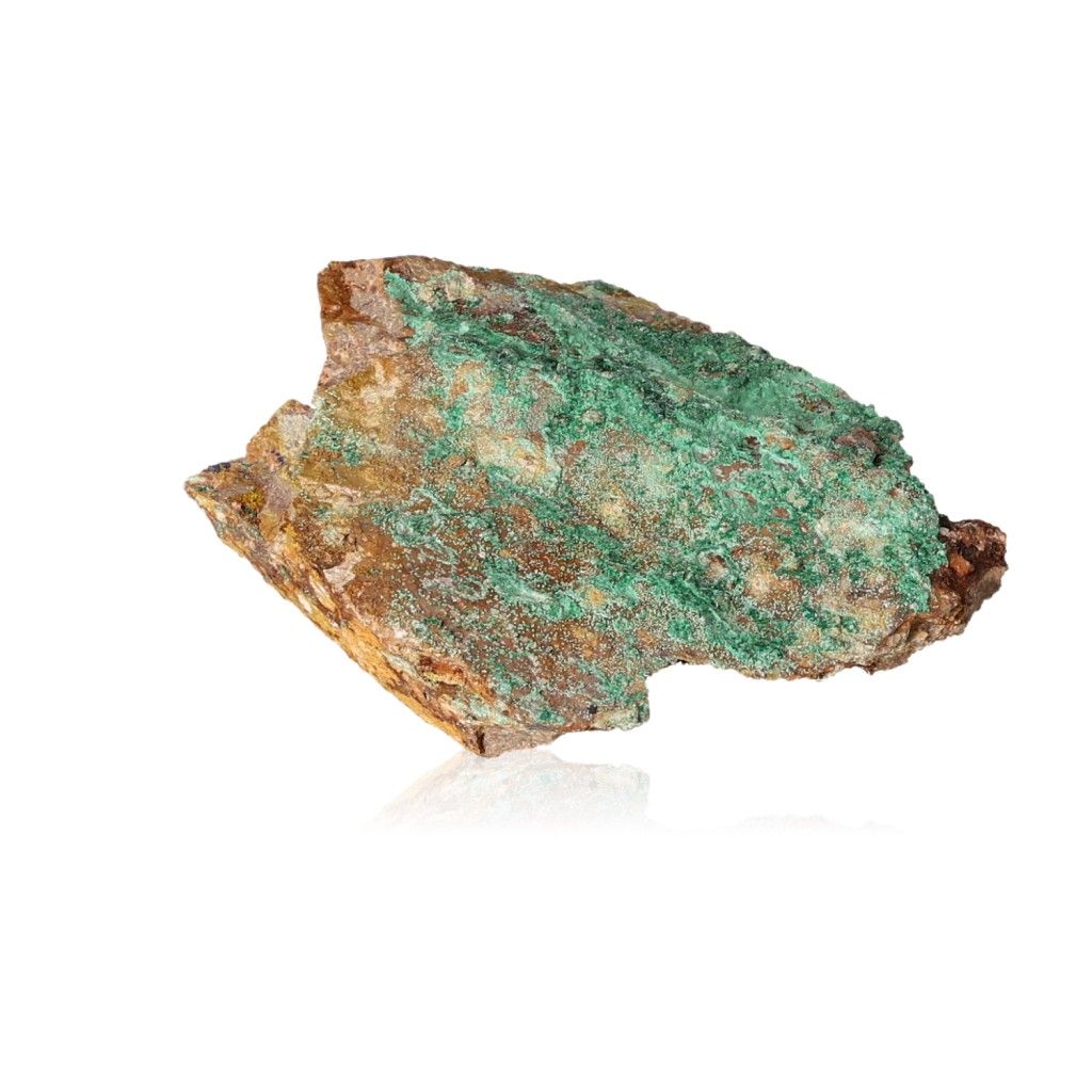 Malachite druzy stone with green and brown hues, known for soothing energy and promoting courage and optimism.