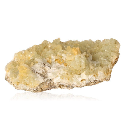 Translucent prehnite druzy gemstone with pale green crystals, known for calming properties and enhancing spiritual growth.