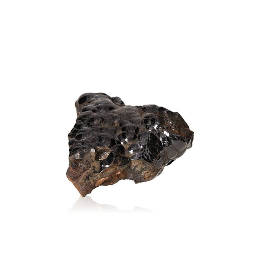 Polished botryoidal hematite crystal cluster on white background, showcasing its shimmering metallic surface and natural formations.