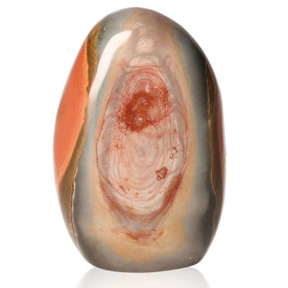 Polychrome Jasper Free Form stone with vibrant red, orange, and brown patterns, known for grounding and energizing properties.