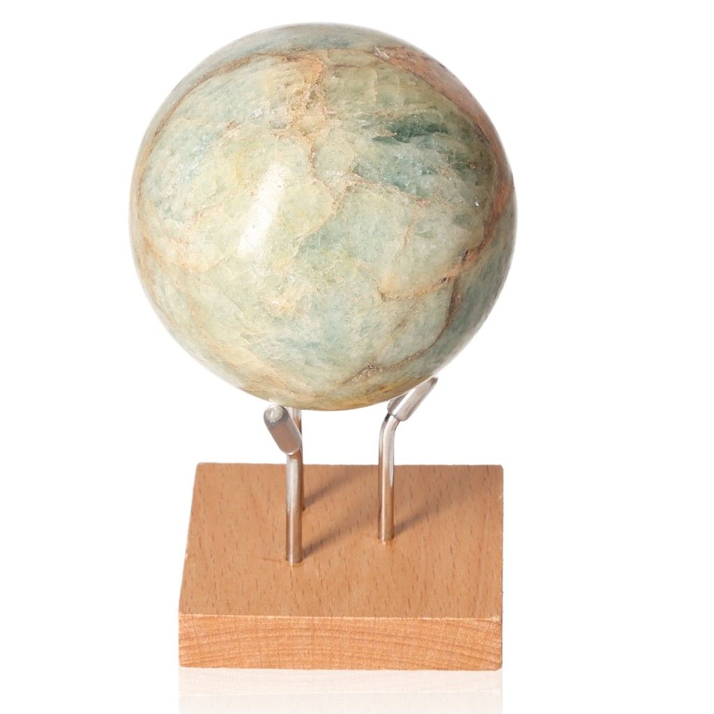 Aquamarine Serpentine Sphere on wooden base, known for enhancing communication and reducing anxiety.